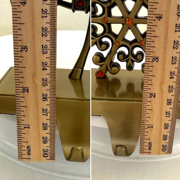 Reindeer Snowflake Metal Stocking Holder Set Christmas Mantel Hooks Gold Tone - Picture 12 of 16